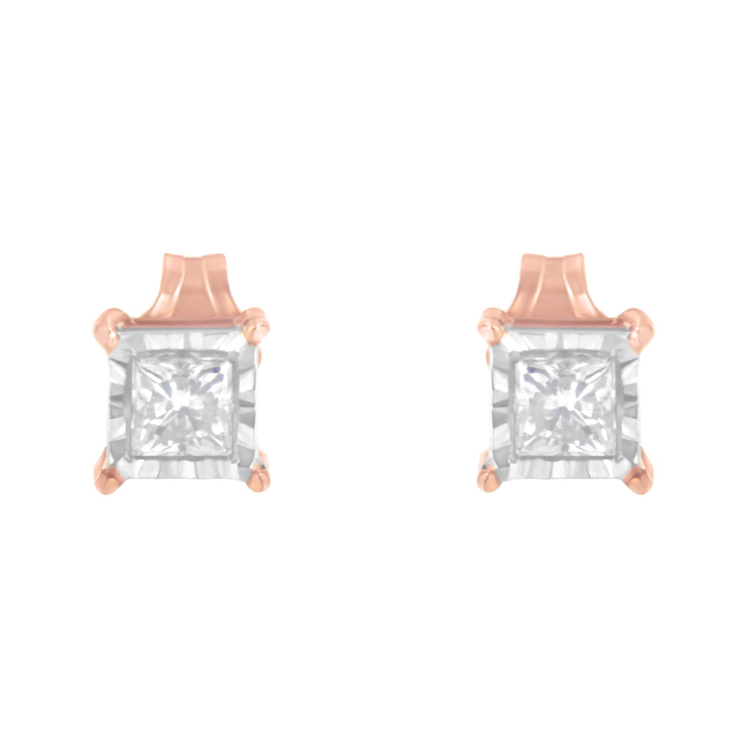 14K Rose Gold Plated Two-Tone .925 Sterling Silver 1/2 Cttw Princess-Cut Square Near Colorless Diamond Solitaire Miracle-Plate Stud Earrings (J-K Color, I2-I3 Clarity)