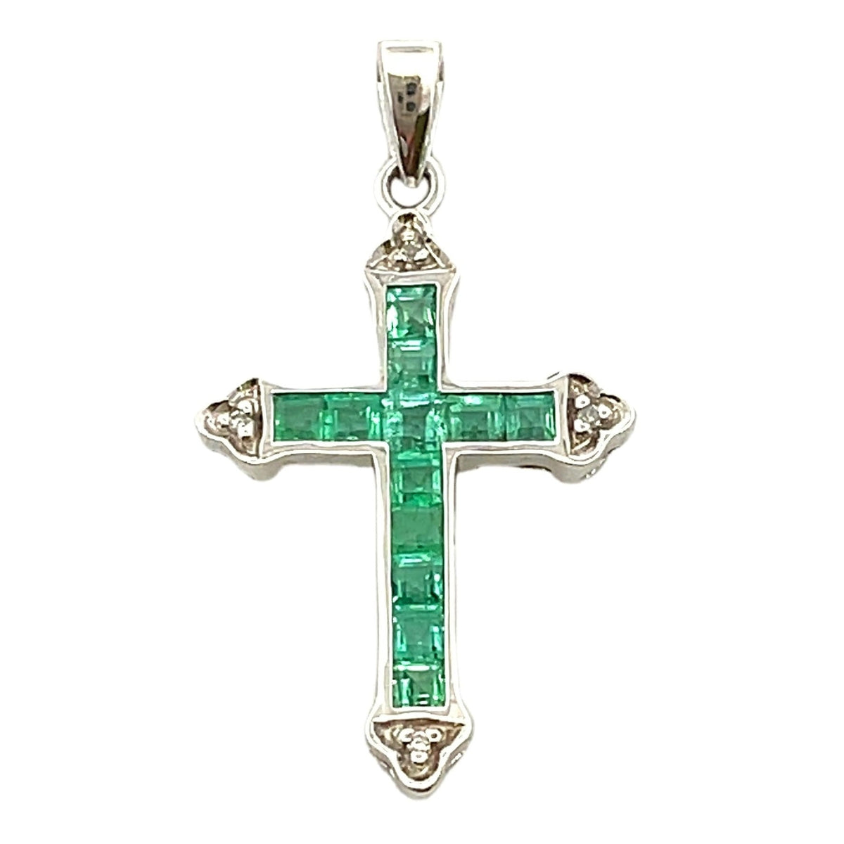 Colgante religioso de cruz con diamante esmeralda en oro blanco de 10 quilates