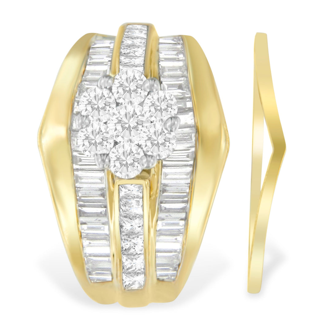 Anillo de compromiso y alianza de boda de oro amarillo de 14 quilates con diamantes de 2-1/3 quilates en engaste de racimo en forma de espiga (Color H-I, Claridad SI1-SI2) - Talla 5