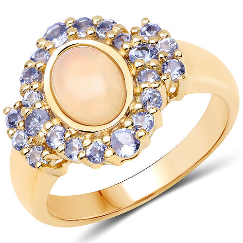Anillo de plata de ley .925 con chapado en oro amarillo de 14 quilates, ópalo etíope genuino de 1,74 quilates y tanzanita
