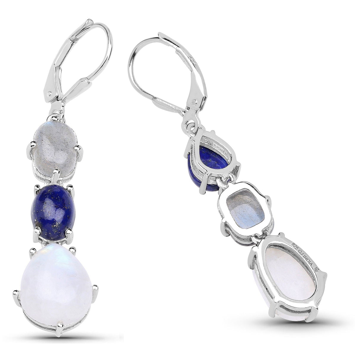 Pendientes de plata de ley .925 con auténtico lapislázuli, labradorita y piedra lunar arcoíris blanca de 10,17 quilates