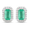 0.91 Carat Genuine Zambian Emerald and White Diamond 14K White Gold Earrings