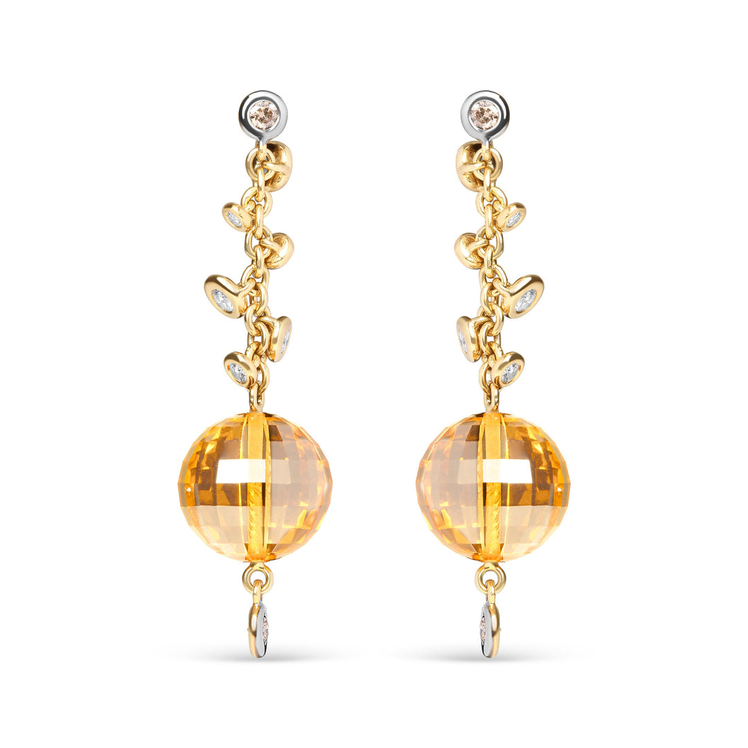 18K Yellow Gold 2/3 Cttw Round Bezel Diamond and 25mm Ball Shaped Yellow Citrine Gemstone Dangle Stud Earring (Brown and G-H Color, SI1-SI2 Clarity)