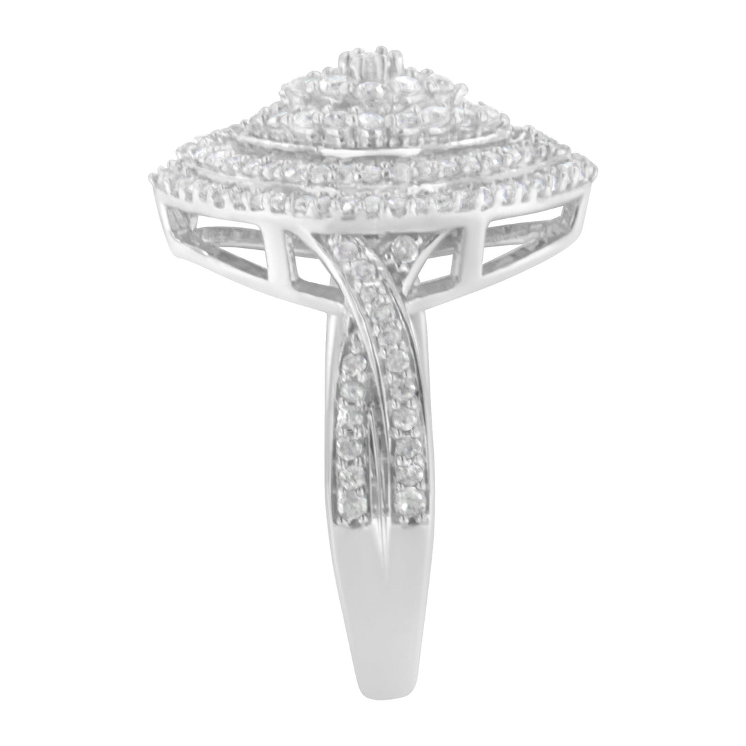 Anillo de cóctel de plata de ley .925 con diamantes redondos y talla baguette de 1.0 Cttw, diseño de racimo en forma de marquesa y triple halo escalonado (Color I-J, Claridad I2-I3) - Talla 7