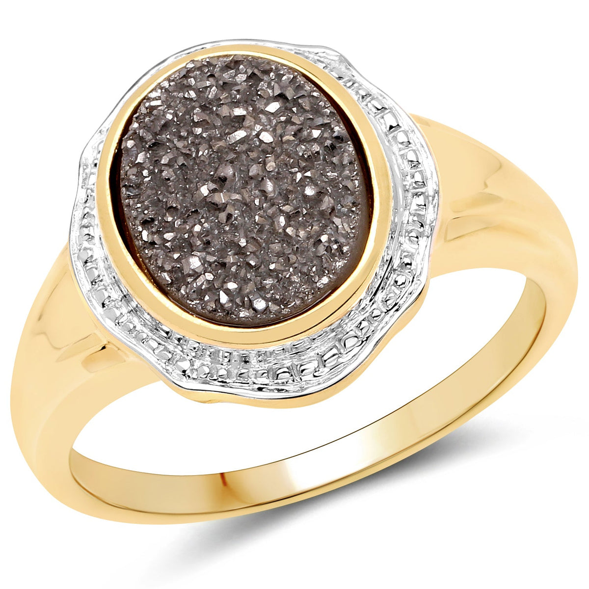 Anillo de plata de ley .925 con chapado en oro amarillo de 14K y cuarzo drusa auténtico de 4,50 quilates