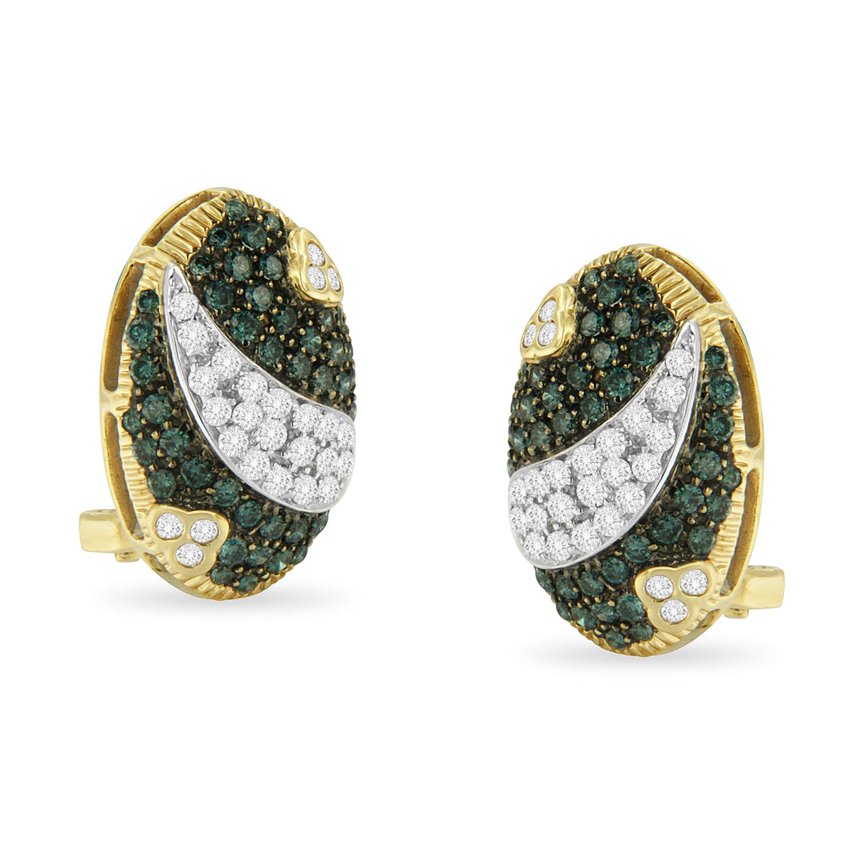 Pendientes de botón ovalados con parte trasera Omega de rodio blanco y negro sobre oro amarillo de 14K con diamantes blancos y azules de 2-1/10 Cttw (color H-I y azul, claridad SI1-SI2)