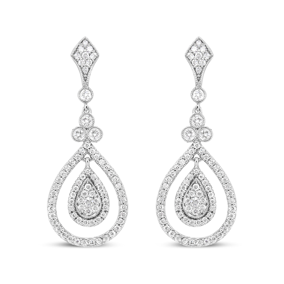 Pendientes colgantes con forma de lágrima calada de oro blanco de 18K con diamantes redondos de 1,25 qt (Color F-G, Claridad VS1-VS2)