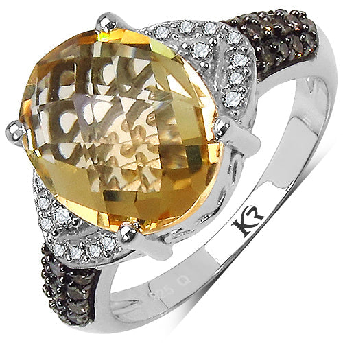 Anillo de plata de ley .925 con citrino auténtico de 4,69 quilates, diamantes color champán y diamantes blancos