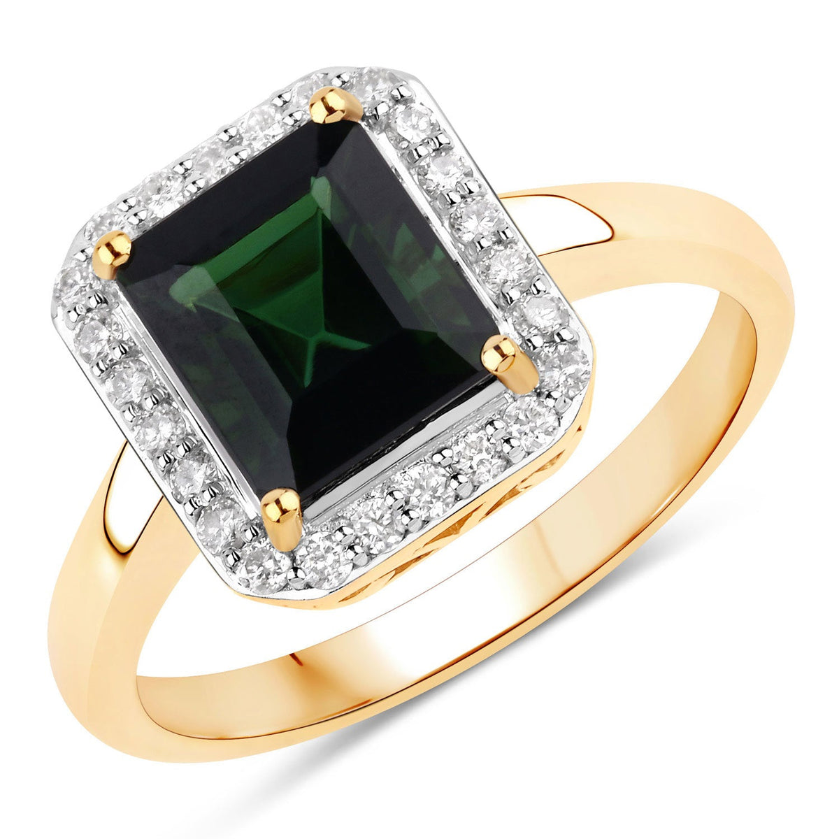 Anillo de oro amarillo de 14K con turmalina verde natural de 3,02 quilates y diamantes blancos