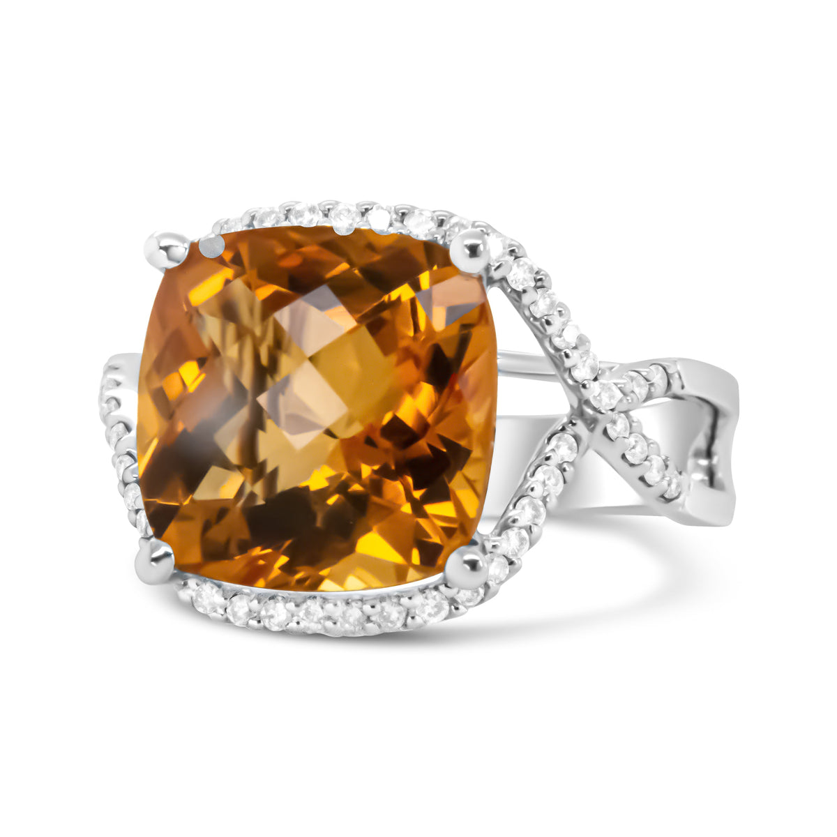 Anillo de Oro Blanco de 14K con Citrino Amarillo de Corte Cojín de 12mm y Diamantes Redondos con Engaste Pavé de 1/3 Cttw - (Color H-I, Claridad VS1-VS2) - Talla 6.5
