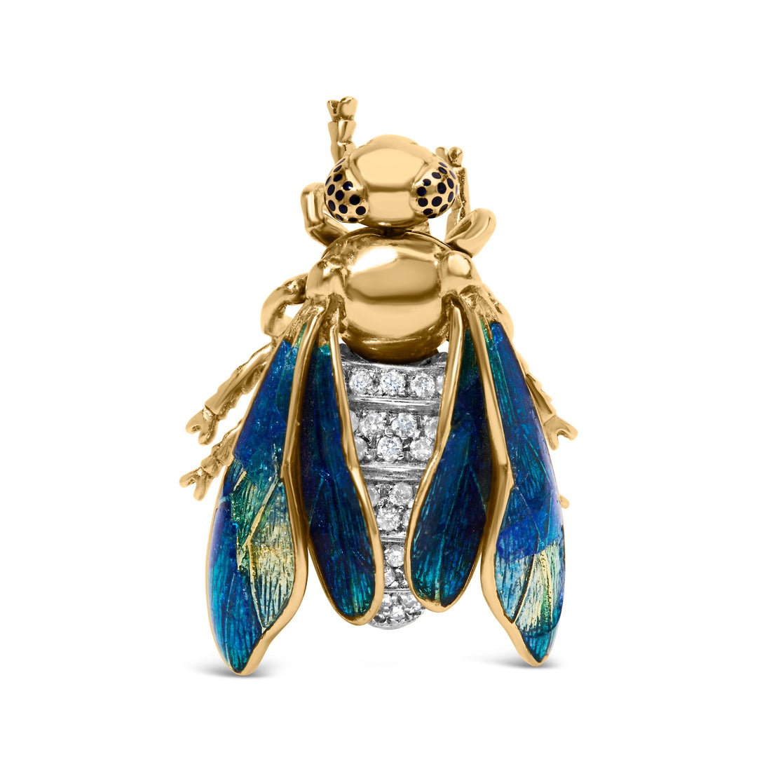 Broche de abeja de oro amarillo de 18 quilates con pavé de diamantes de 1/2 quilate y esmalte azul verdoso (color F-G, claridad VS1-VS2)