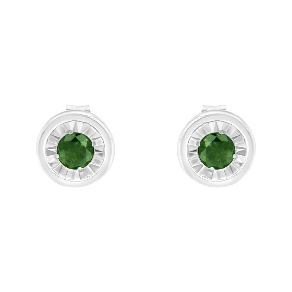 .925 Sterling Silver 1/4 Cttw Round Brilliant-Cut Green Diamond Miracle-Set Stud Earrings (Fancy Color-Enhanced, I1-I2 Clarity)
