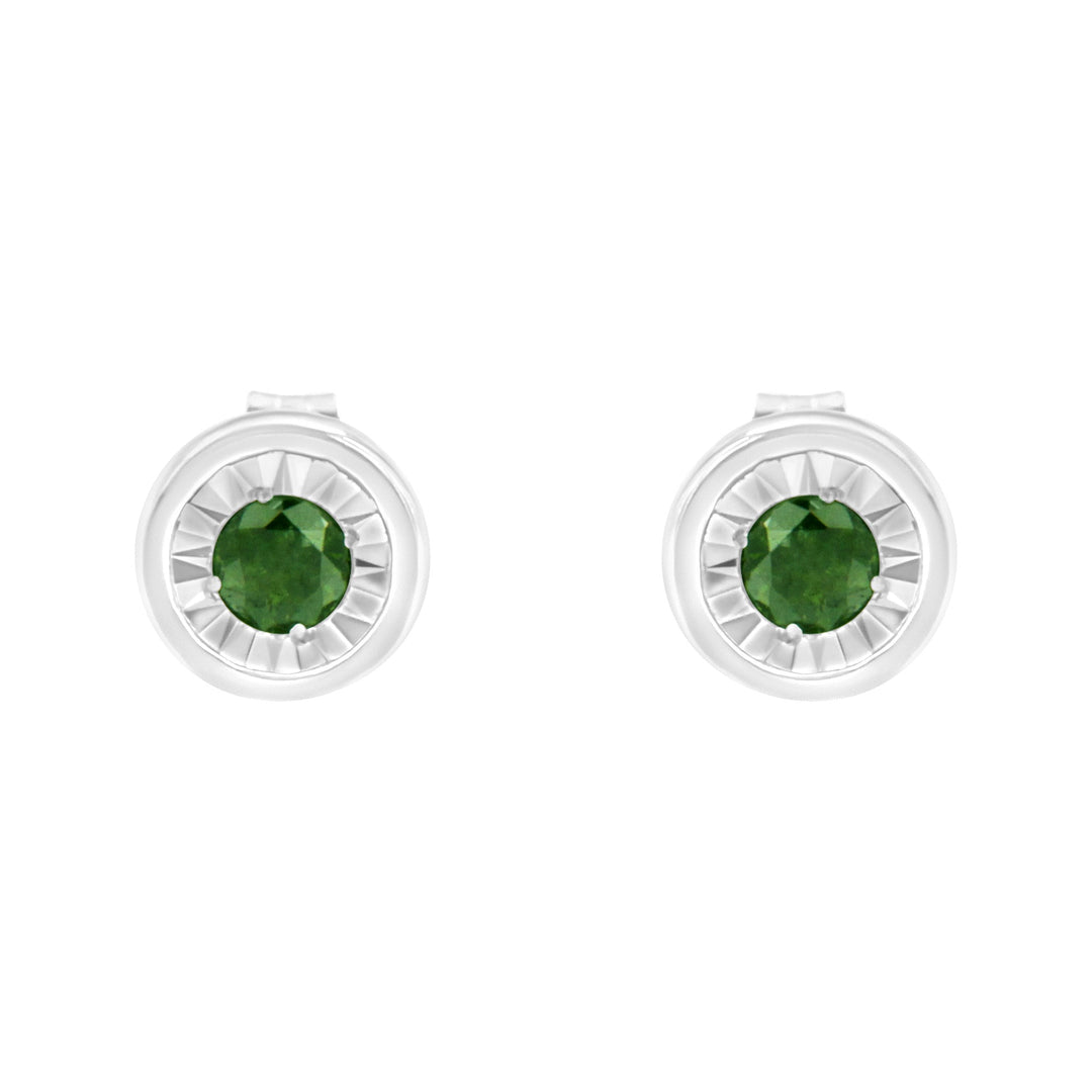 .925 Sterling Silver 1/4 Cttw Round Brilliant-Cut Green Diamond Miracle-Set Stud Earrings (Fancy Color-Enhanced, I1-I2 Clarity)