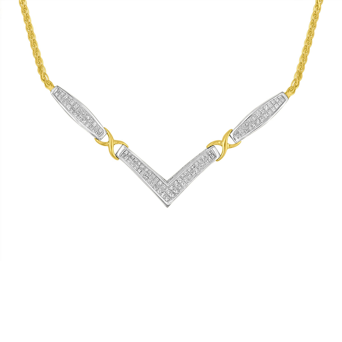 Gargantilla Franco de 18" de Oro Amarillo y Blanco de 14K con Diamantes de Corte Princesa de 2.0 Quilates en Total, Diseño Acampanado y Estación en X en Forma de V (Color H-I, Claridad SI2-I1)