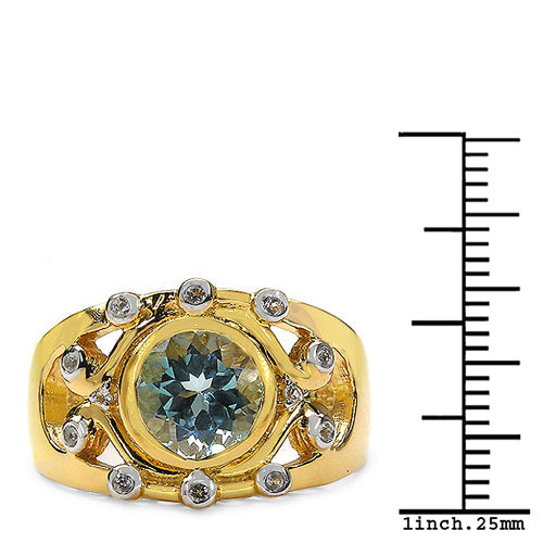 Anillo de plata de ley .925 con topacio azul genuino de 3.42 quilates y topacio blanco, chapado en oro amarillo de 14K