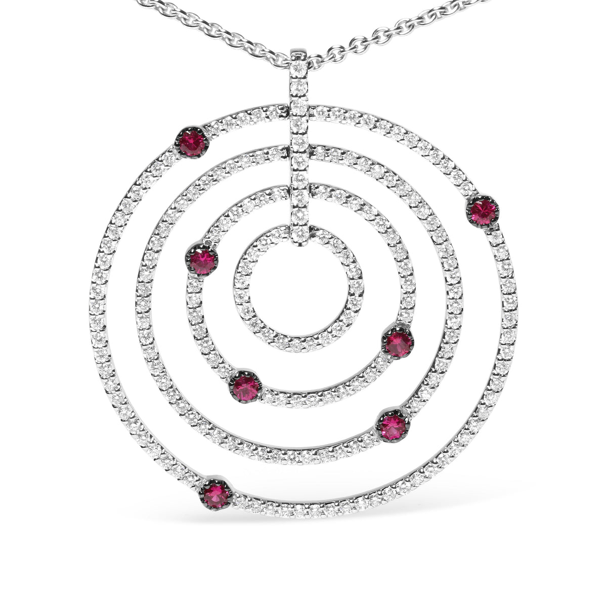 Collar con colgante de oro blanco de 18K con 2 1/6 Cttw de diamantes pavé y rubí rojo en círculos calados de 45,72 cm (color G-H, claridad SI2-I1) - Ajustable hasta 40,64 cm - 45,72 cm