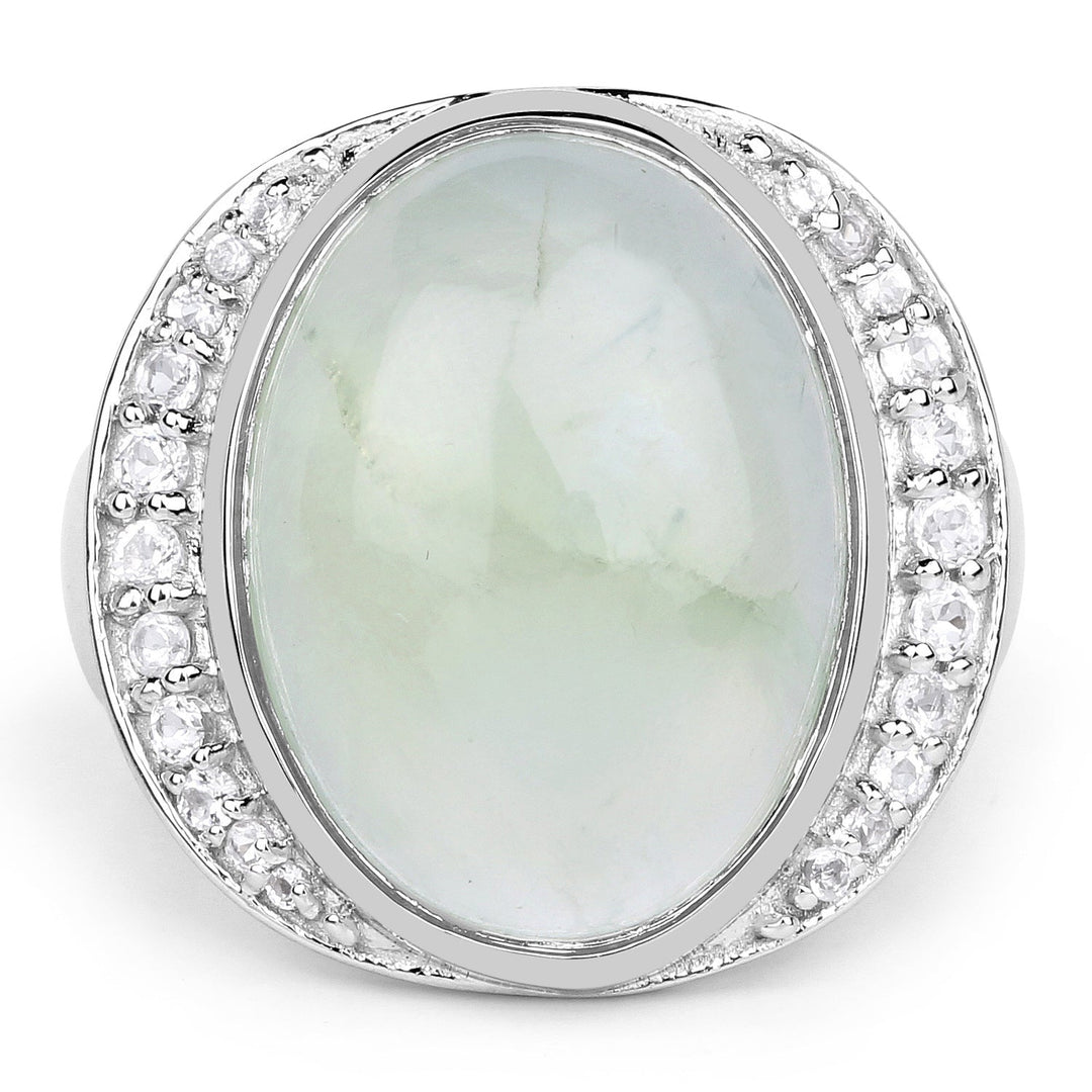 Anillo de plata de ley .925 con prehnita auténtica y topacio blanco de 11.50 quilates
