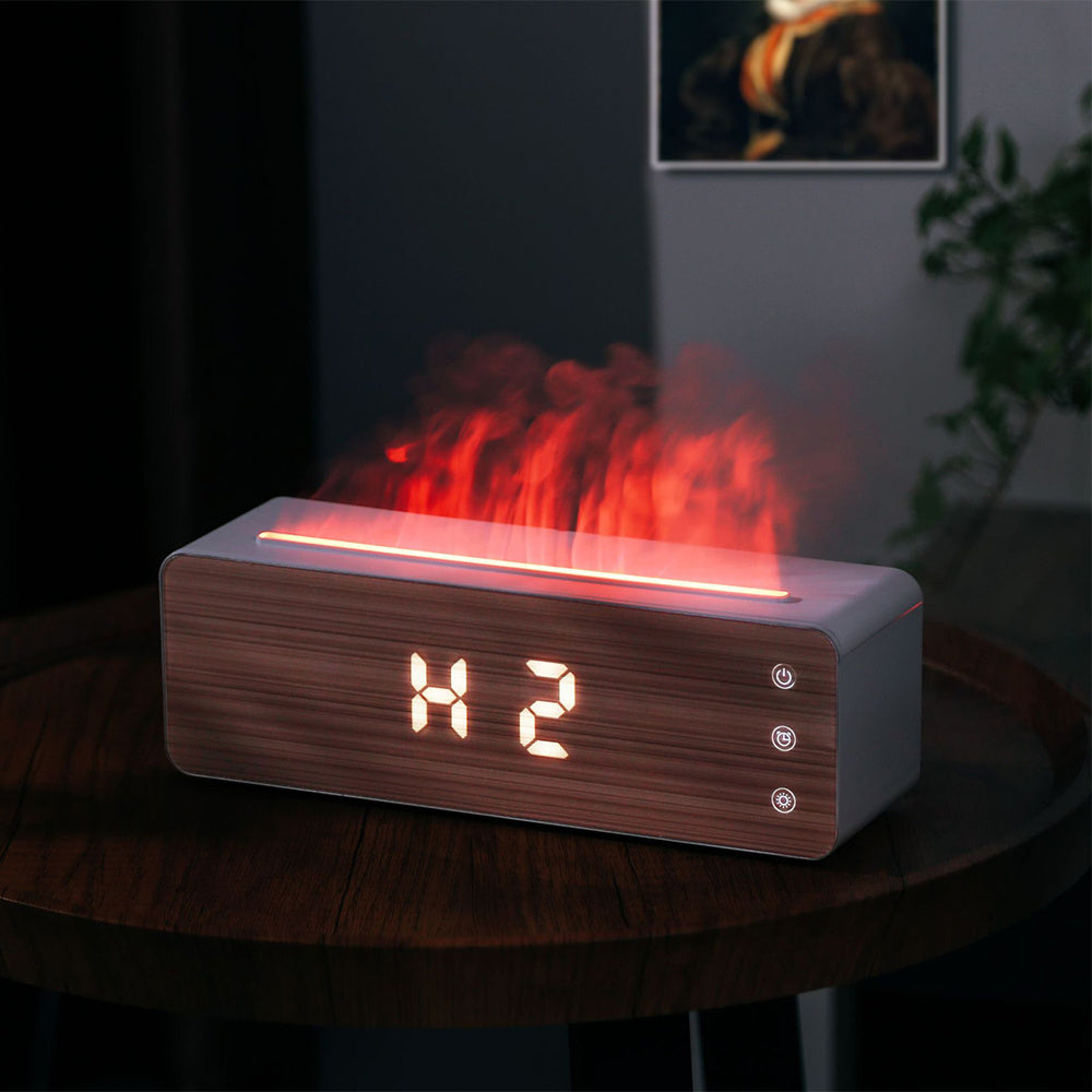 Flame Humidifier & Clock - Diffuser with Humidity Display - LED Light Fire Effect