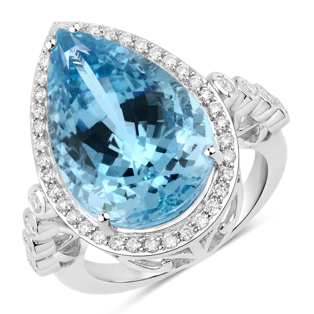 Anillo de oro blanco de 14K con aguamarina genuina de 13,42 quilates y diamantes blancos