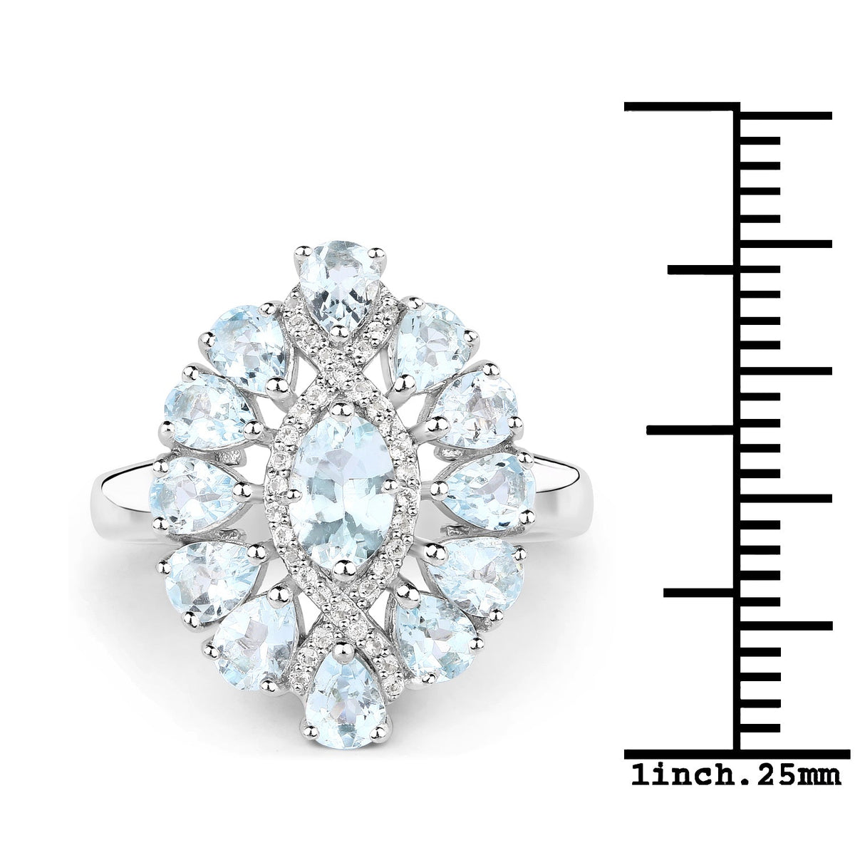 Anillo de plata de ley .925 con aguamarina auténtica de 1,89 quilates y topacio blanco