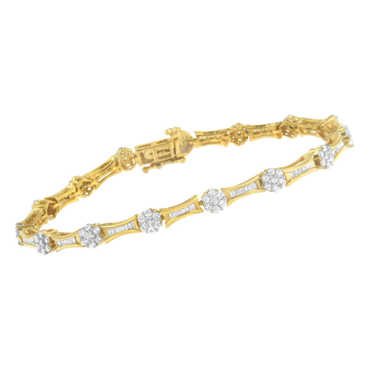 Pulsera de eslabones de diamantes de talla redonda y baguette de oro amarillo y blanco de 10 quilates con un peso total de 2.00 quilates (color I-J, claridad I2-I3) - Talla 7.25"