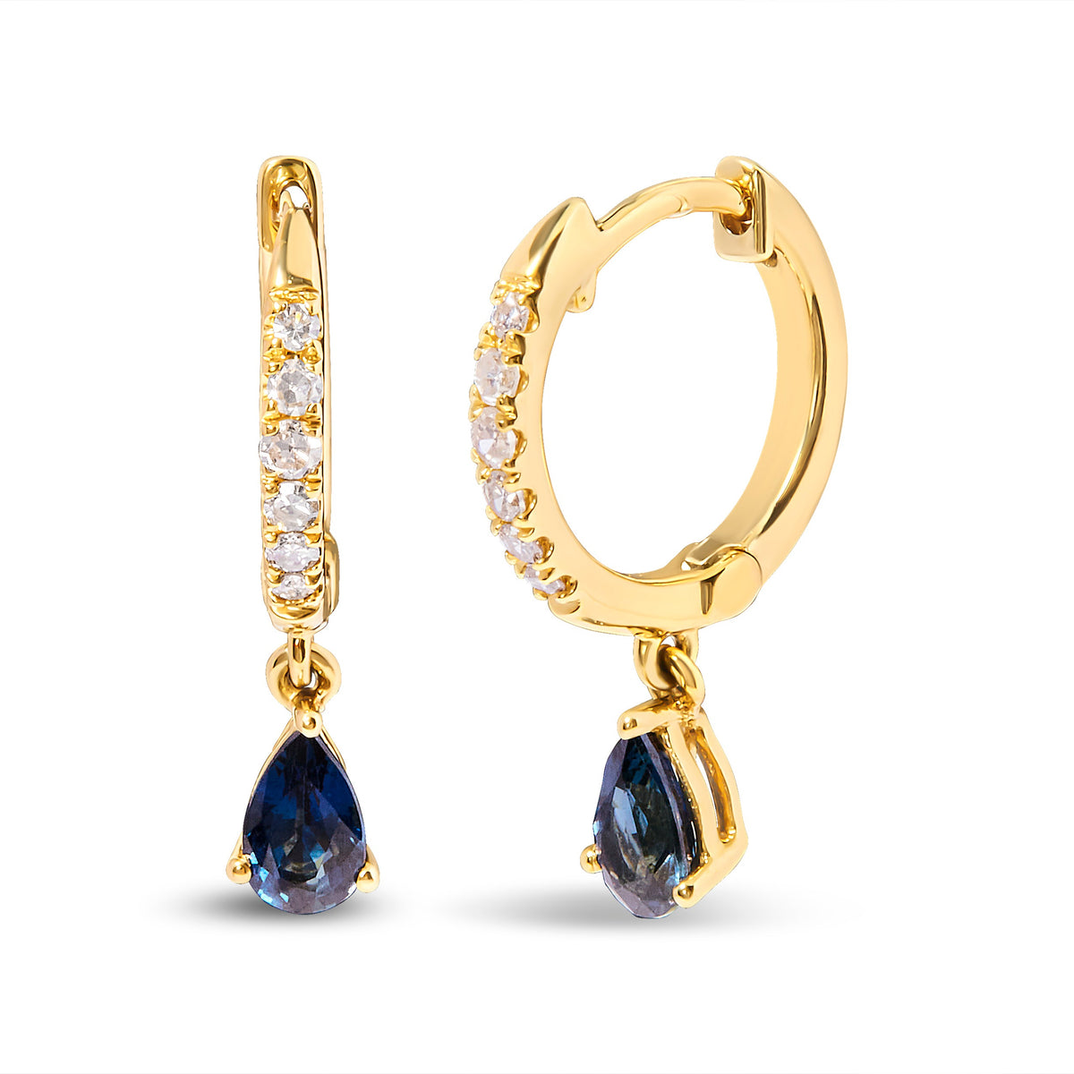 Pendientes de aro tipo Huggie con colgante de gota de zafiro azul con forma de pera de oro amarillo de 10 qt y diamantes de 1/10 ct. (color H-I, claridad I1-I2)