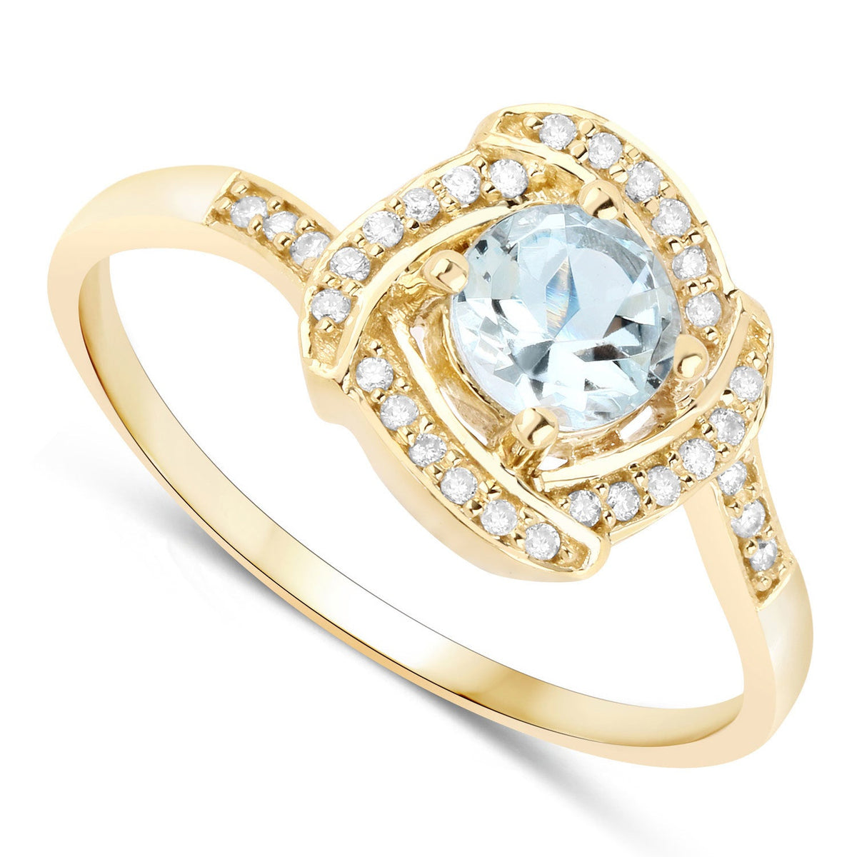 Anillo de oro amarillo de 14K con aguamarina auténtica de 0,46 quilates y diamantes blancos