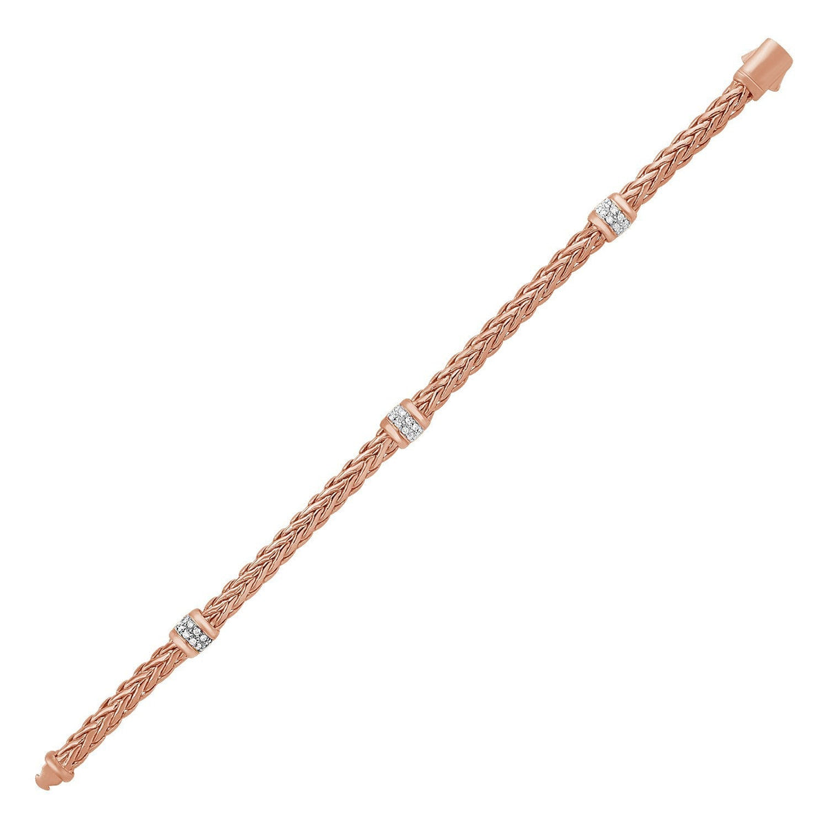 Pulsera de cuerda trenzada pulida con detalles de diamante en oro rosa de 14k