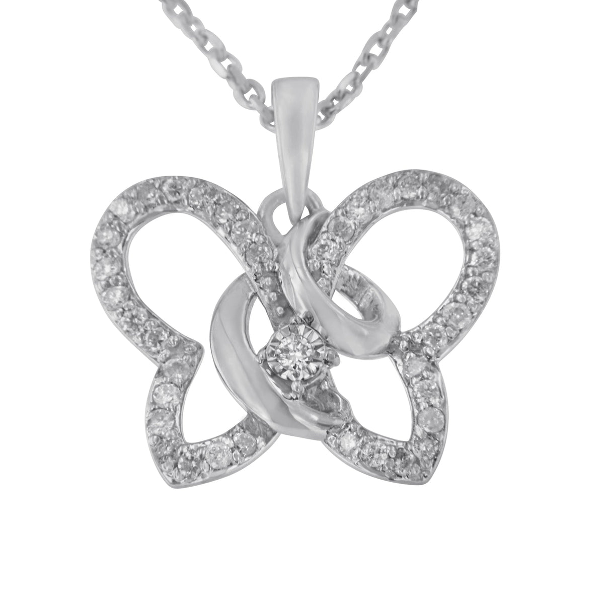 Collar con colgante de mariposa de plata de ley .925 con diamantes engastados en puntas de 1/4 cttw y 45 cm (color H-I, claridad I1-I2)