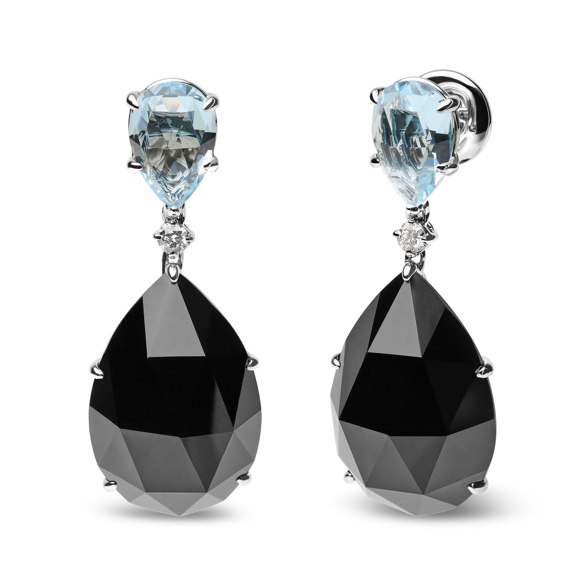 Pendientes colgantes de oro blanco de 18 quilates con diamante de 1/5 Cttw, topacio azul cielo talla pera y ónix negro talla pera (color G-H, claridad SI1-SI2)