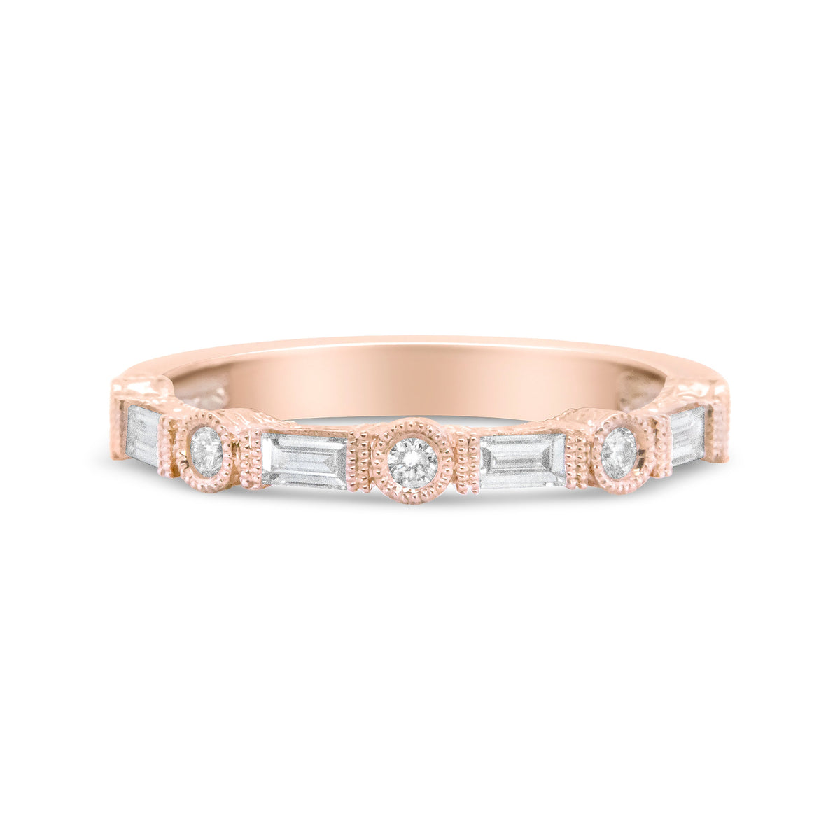 Anillo de boda de oro rosa de 14 quilates con diamantes baguette y redondos de 0.37 ct. (color H-I, claridad VS1-VS2) - Talla 6.75