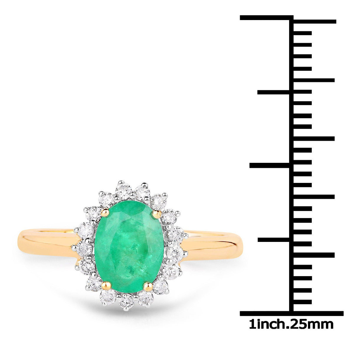 Anillo de oro amarillo de 10 quilates con esmeralda zambiana auténtica de 1,39 quilates y diamantes blancos