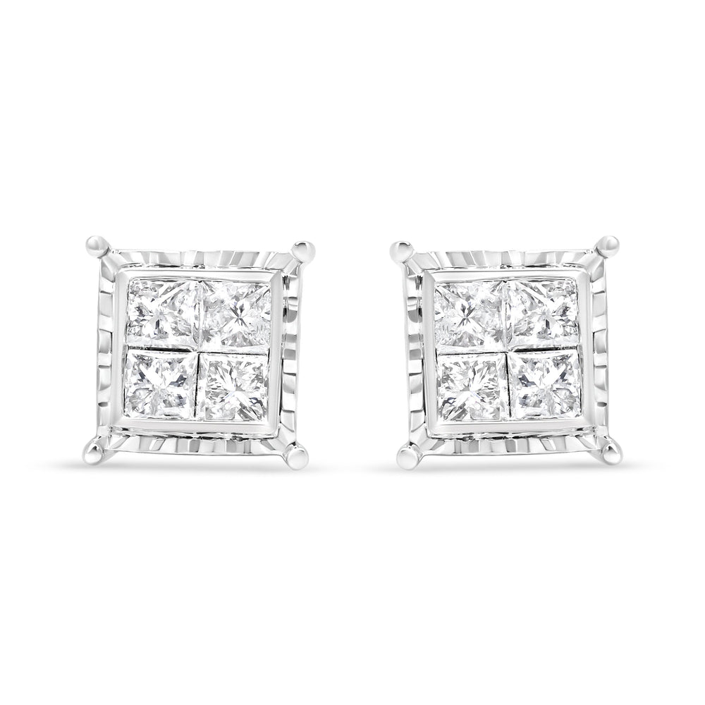 14K White Gold 1 1/2 Cttw Invisible Set Princess-Cut Diamond Contemporary Wavy Quad Stud Earrings (I-J Color, I1-I2 Clarity)