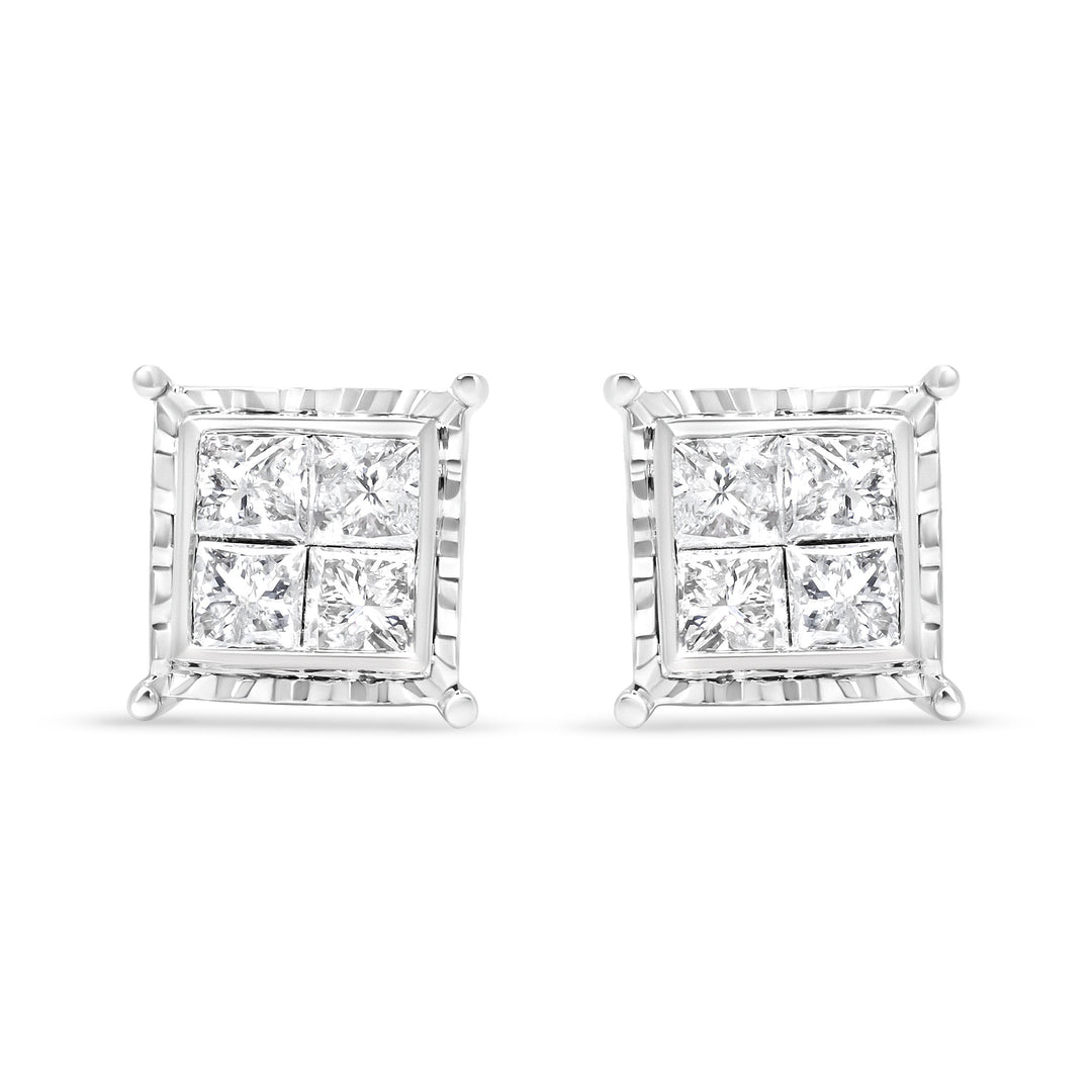 14K White Gold 1 1/2 Cttw Invisible Set Princess-Cut Diamond Contemporary Wavy Quad Stud Earrings (I-J Color, I1-I2 Clarity)