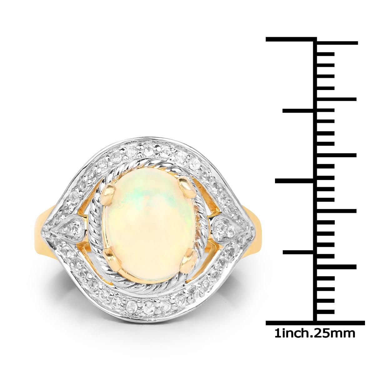 Anillo de plata de ley 925 chapado en oro amarillo de 14 quilates con ópalo etíope auténtico de 1,88 quilates y topacio blanco