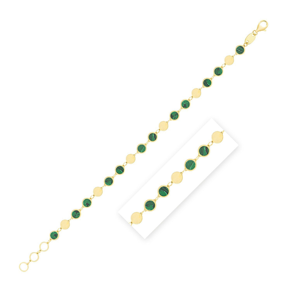 Pulsera de cadena de oro amarillo de 14k con malaquita, gema de espejo geométrica (5.00 mm)