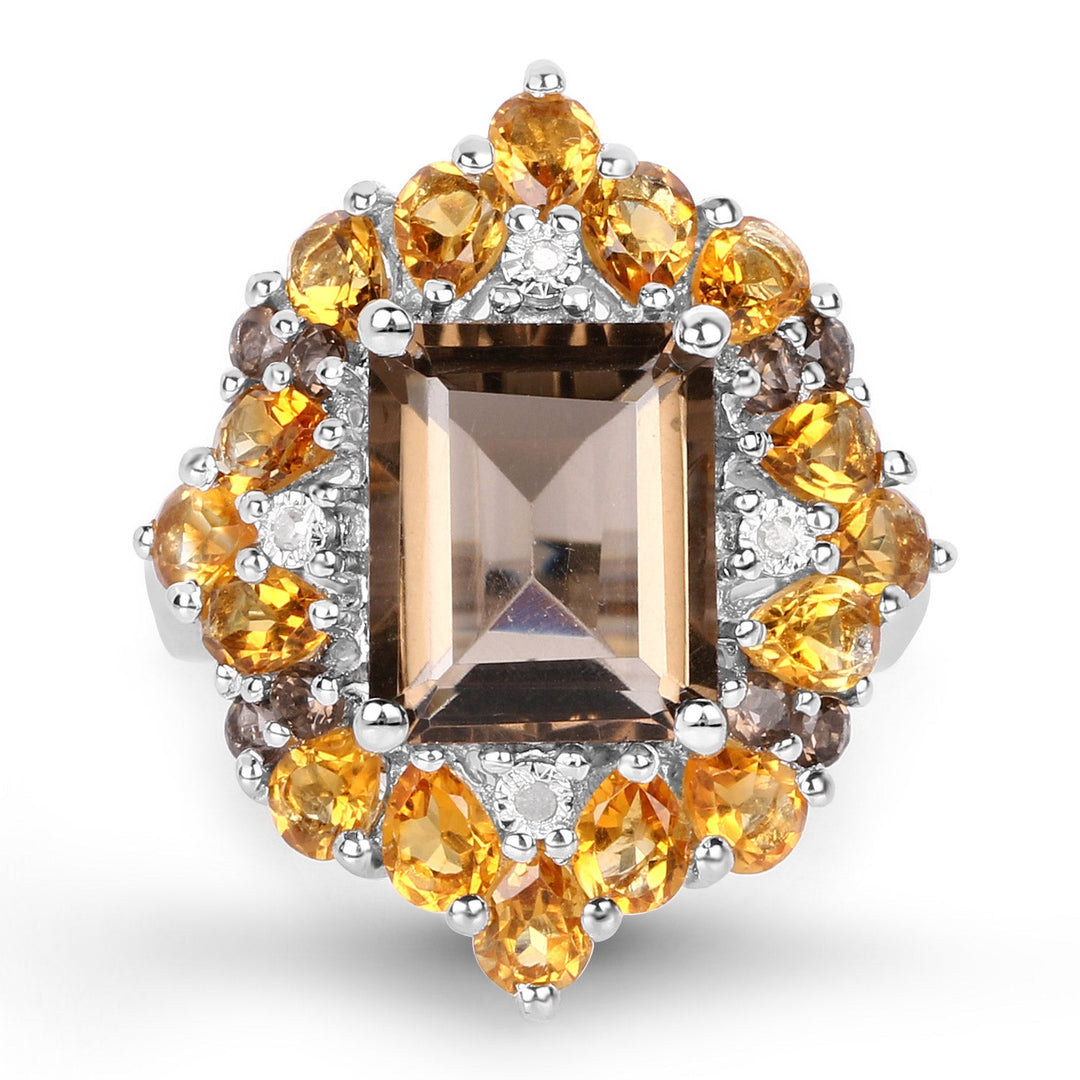 Anillo de plata de ley .925 con cuarzo ahumado, citrino y diamante blanco auténticos de 6,72 quilates