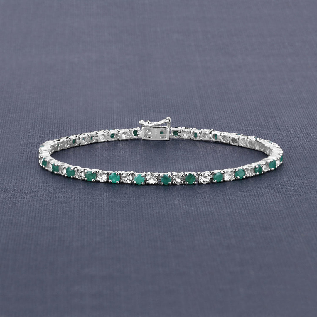 5.77 Carat Genuine Emerald and White Topaz .925 Sterling Silver Bracelet