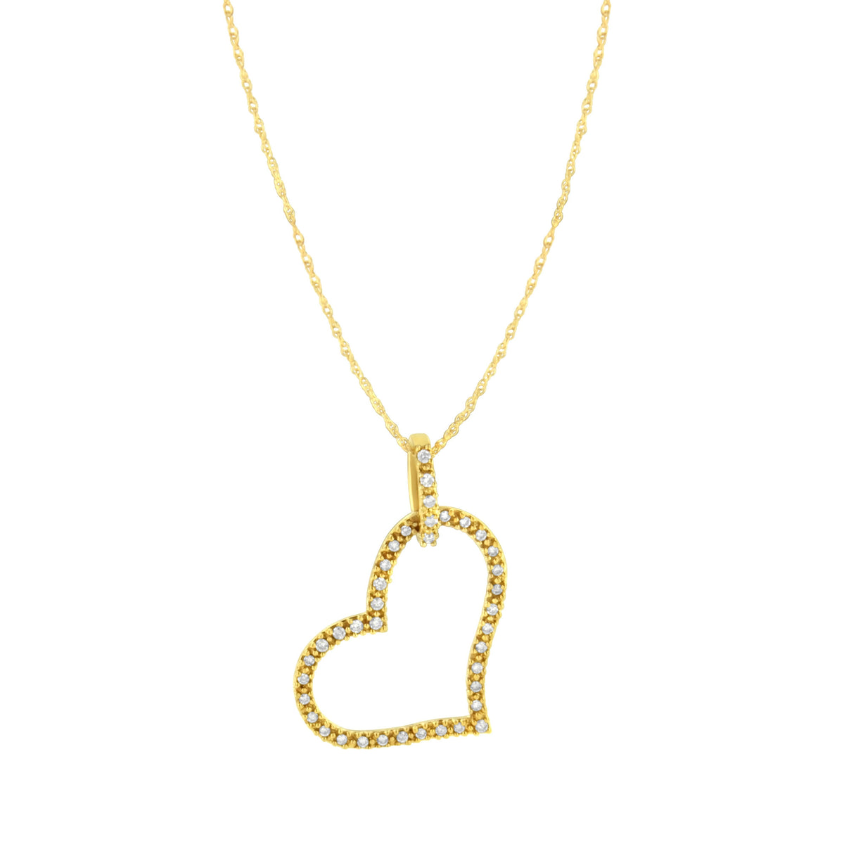Collar con colgante de oro amarillo de 10 quilates y diamante redondo de 0,25 quilates engastado en garra con corazón abierto de 45 cm (color K-L, claridad I1-I2)