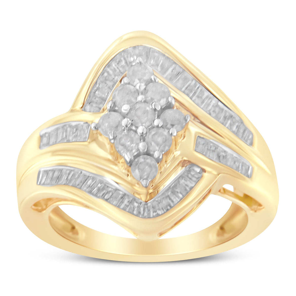 Anillo con racimo de diamantes tipo "bypass" de oro amarillo de 10 quilates (1 Cttw, color I-J, claridad I2-I3) - Talla 7