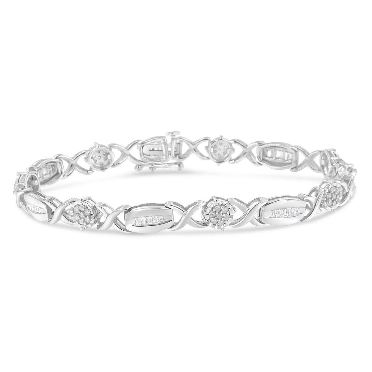 Pulsera de eslabones en X con diamantes de talla redonda y baguette de 1,0 Cttw en plata de ley .925 (color I-J, claridad I1-I2) - 7"