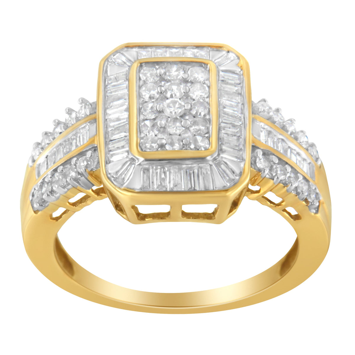 Anillo de oro amarillo de 10 quilates con diamantes redondos y talla baguette (1,0 quilates totales, color I-J, claridad SI1-SI2) - Talla 7