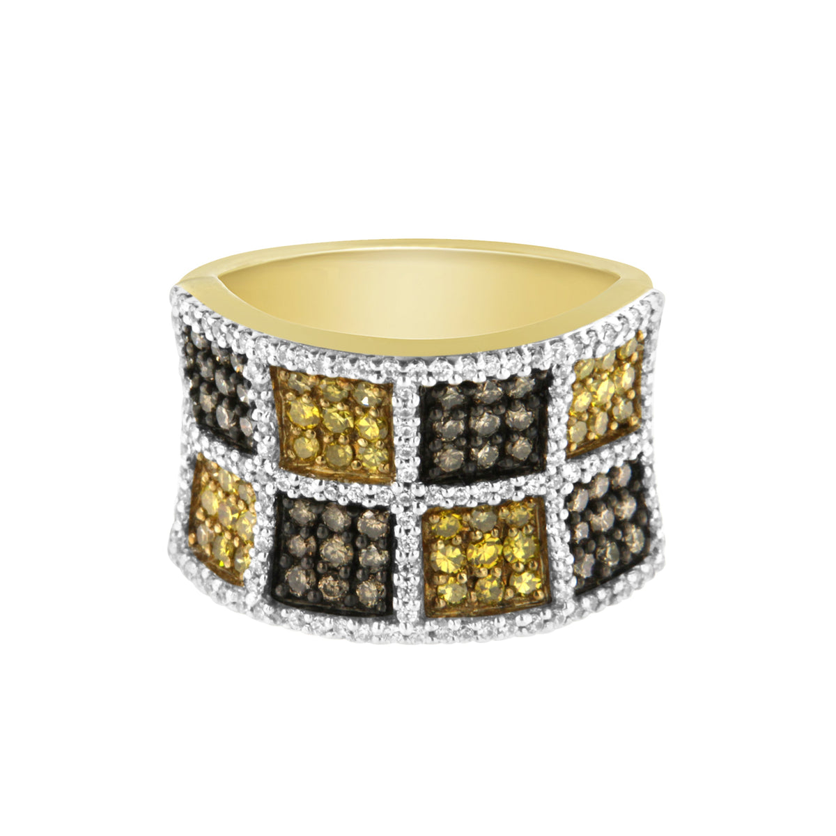 Anillo de oro amarillo de 14 K con diamantes redondos, amarillos y de color champán (1 1/2 ct. p.t., color H-I, claridad I1-I2)