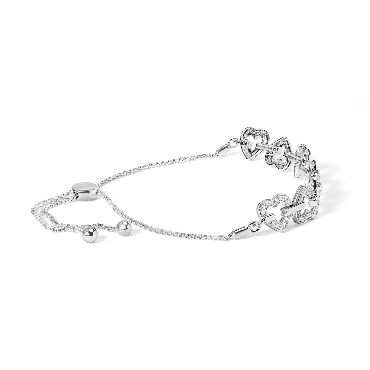 Pulsera de bolo ajustable de plata de ley .925 con diamantes de 1/2 quilate en eslabones de corazón alternos (color I-J, claridad I3) - 4 a 10 pulgadas