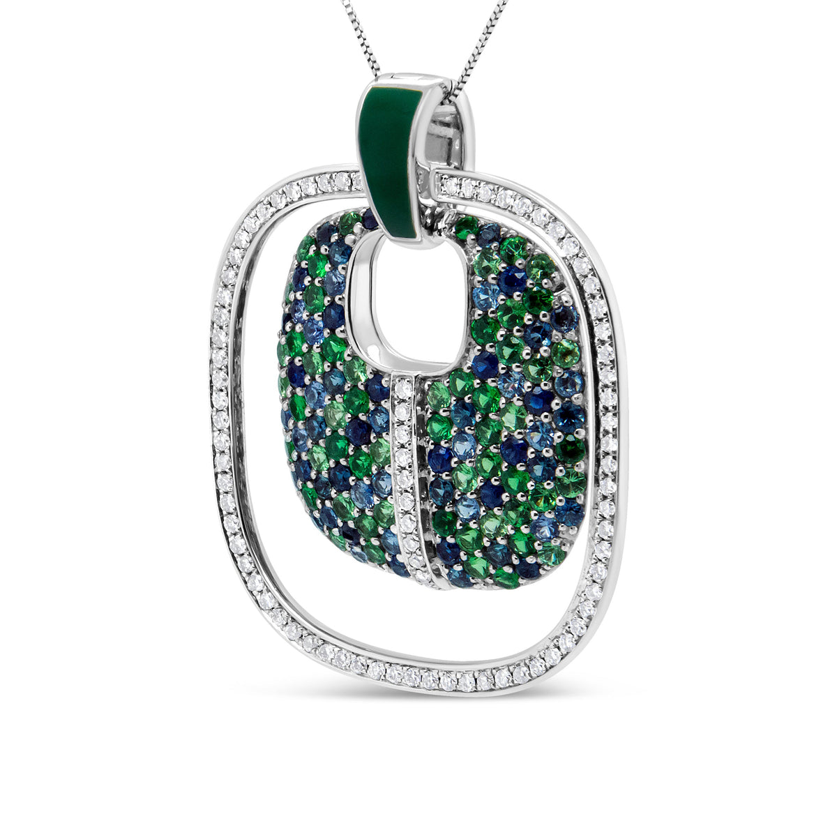Collar con colgante calado de plata de ley .925 con esmalte verde, 1/2 quilate total de diamante, zafiro y tsavorita, de 45 cm (color F-G, claridad VS1-VS2)