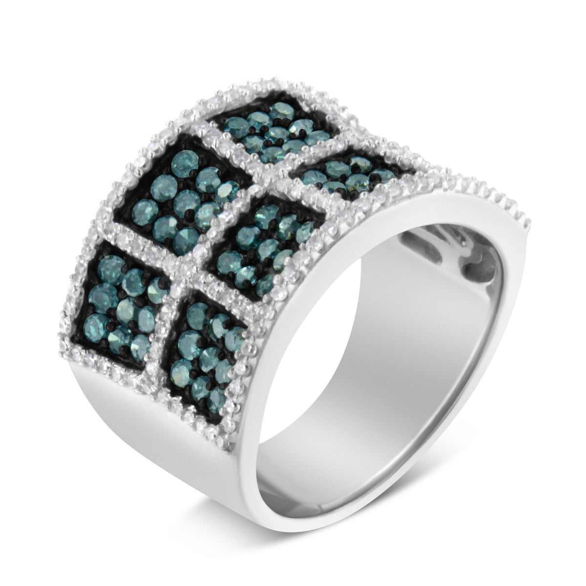Anillo de cóctel de oro blanco de 14 quilates con diamantes blancos y azules tratados (1 1/2 Cttw, color H-I, claridad I1-I2) - Talla 6