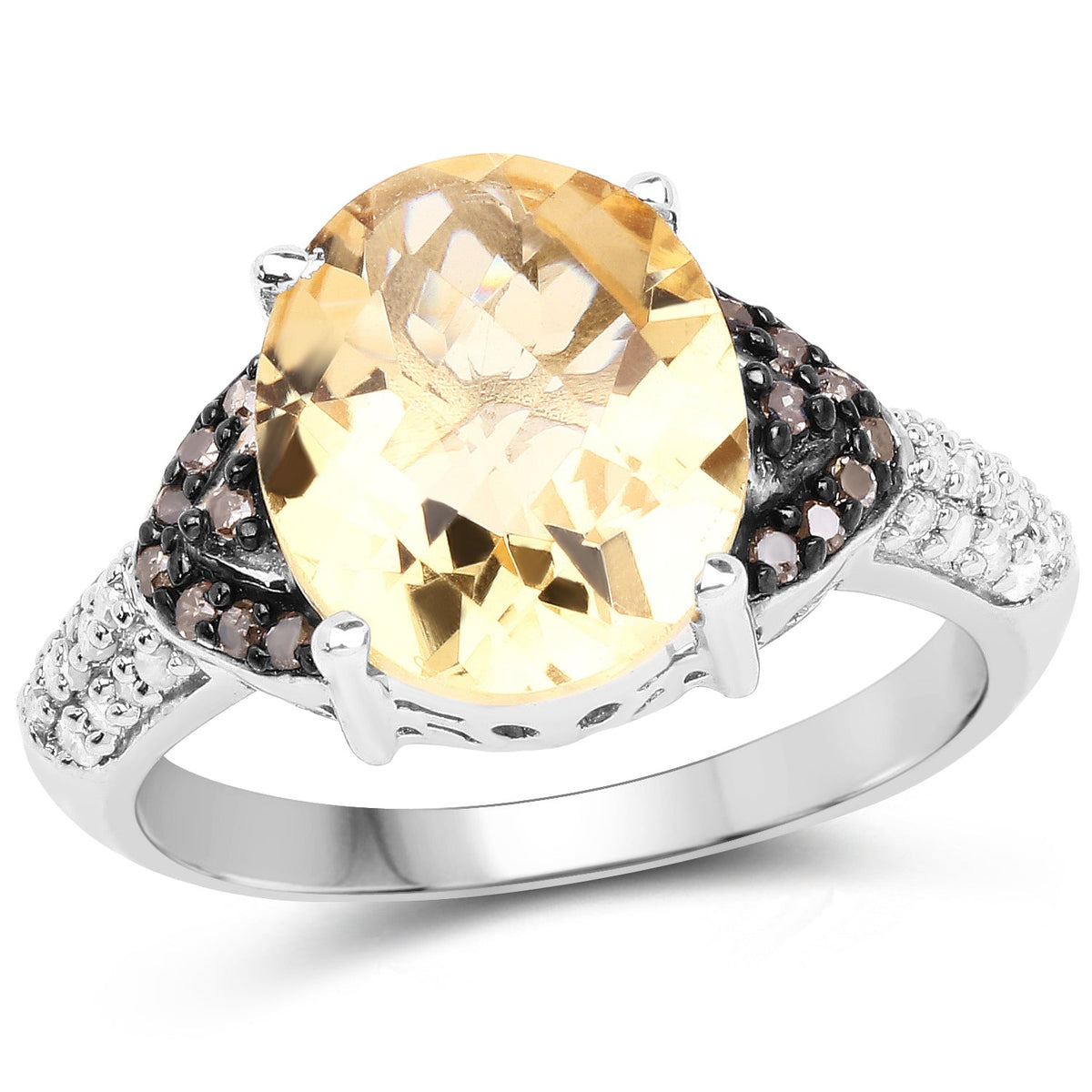 Anillo de plata de ley .925 con citrino genuino de 4.65 quilates, diamantes color champán y diamantes blancos