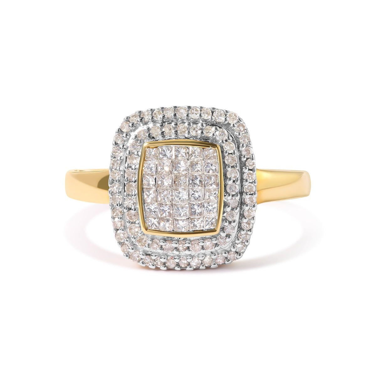 Anillo en oro amarillo de 10 qt con cabeza compuesta de diamantes redondos y talla princesa de 1/2 quilate en total y halo (color H-I, claridad SI1-SI2) - Talla 7