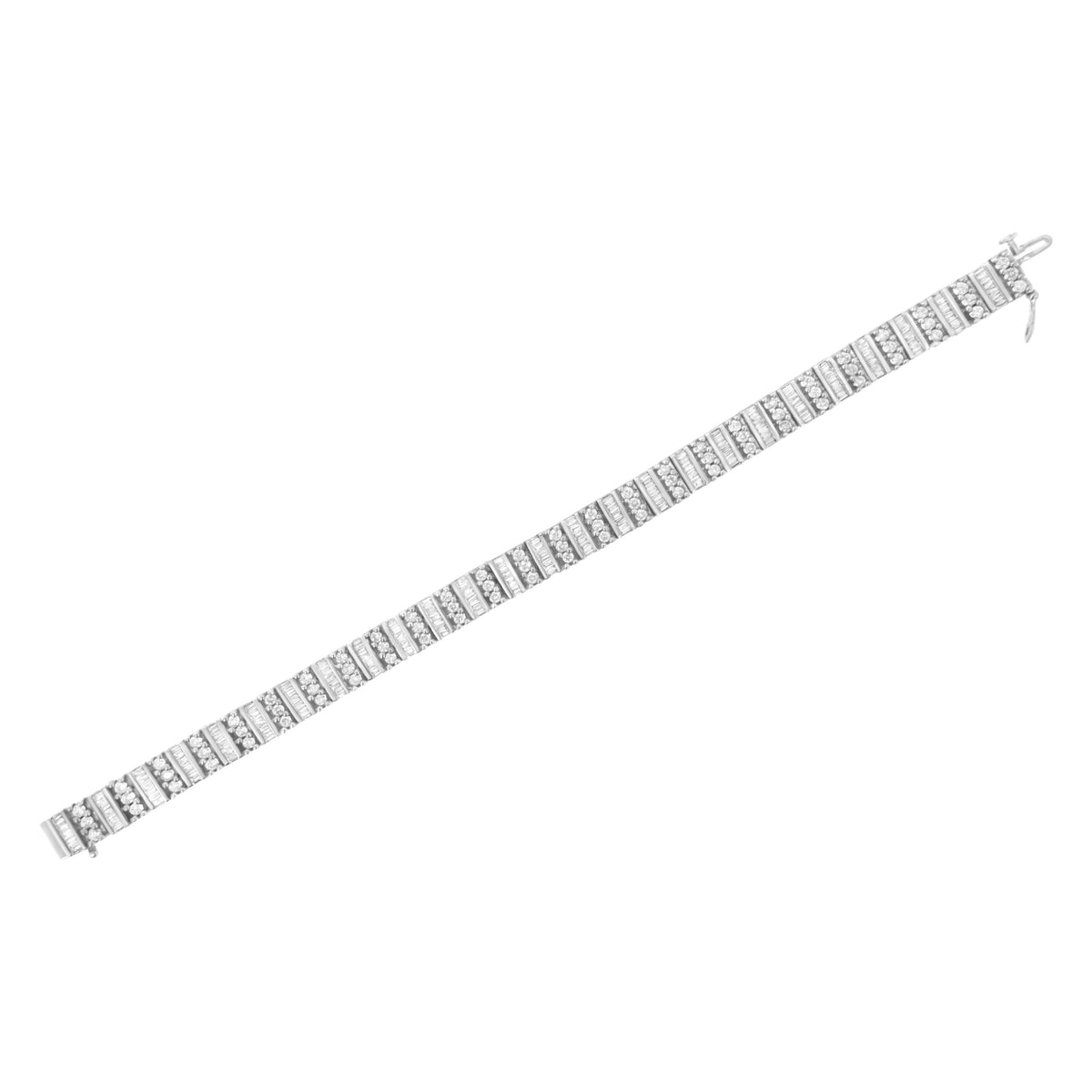 Pulsera tenis de oro blanco de 14 quilates con diamantes de talla baguette y redonda brillante de 4 7/8 quilates engastados en canal y garra (color I-J, claridad I1-I2) - Tamaño 7,25"