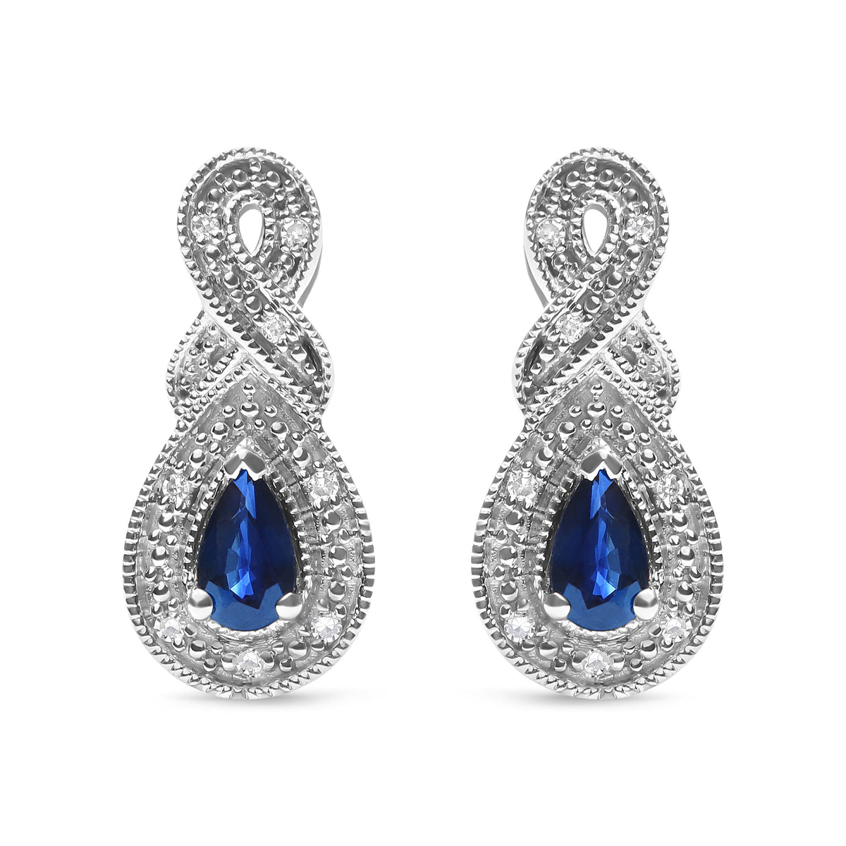 Pendientes de gota de plata de ley .925 con gema de zafiro en forma de pera de 4.5 x 3 mm y acento de diamante de infinito (color H-I, claridad SI1-SI2)